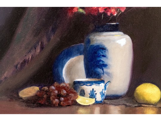 Signed P.J. Meyer Oil On Canvas, Still Life With Red Flowers
