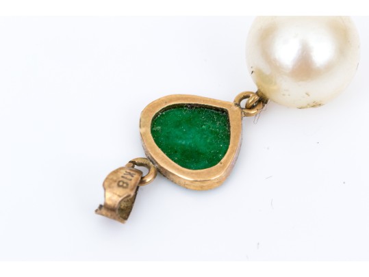 18k Yellow Gold Pretty Green Jadeite Jade And Cultured Pearl Pendant