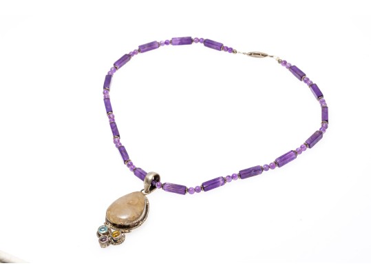 Colorful Amethyst Necklace With Rutilated Quartz Sterling Pendant