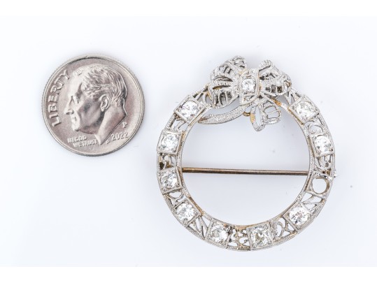 14K White Gold Filigree And Diamond Circle Brooch