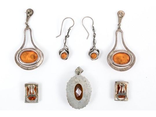 Collection Of Sterling And Amber Rustic Jewelry