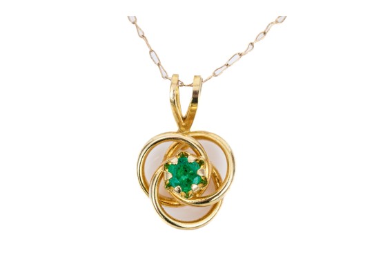 14k Yellow Gold Pretty Simple Emerald Knot Pendant, 0.12 CTS, With Chain
