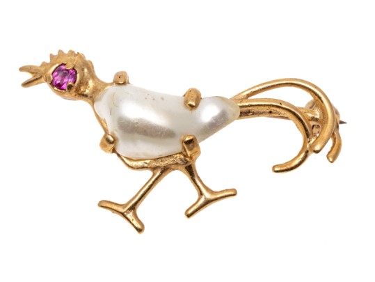 14k Yellow Gold Fun Culture Mabe Pearl And Pink Sapphire Bird Brooch