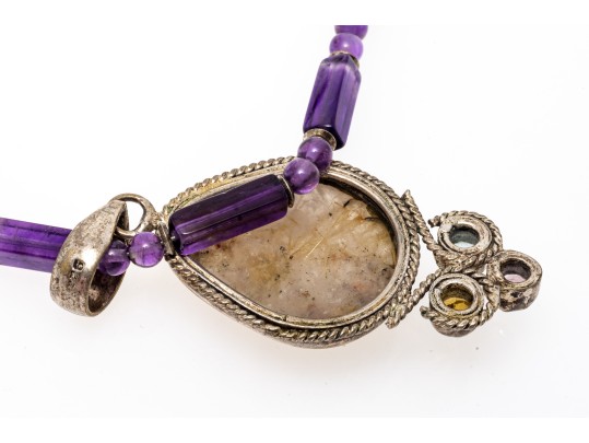 Colorful Amethyst Necklace With Rutilated Quartz Sterling Pendant