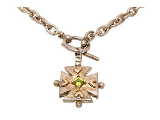 Bold Sterling Cross And Peridot Pendant Necklace