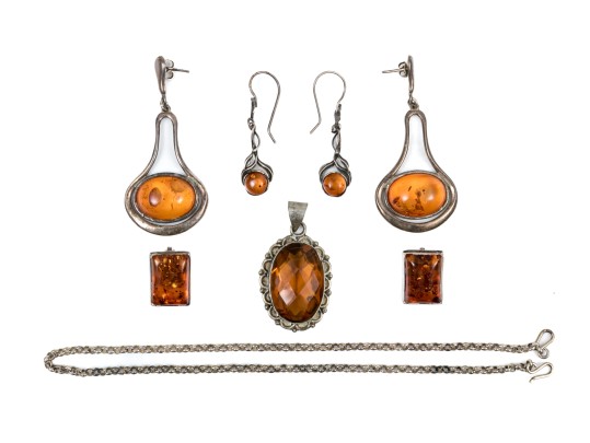 Collection Of Sterling And Amber Rustic Jewelry