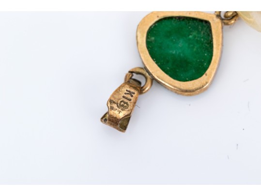 18k Yellow Gold Pretty Green Jadeite Jade And Cultured Pearl Pendant