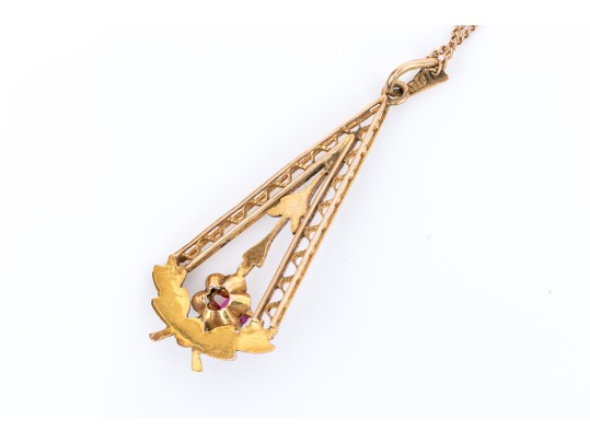 10k Yellow Gold Pretty Vintage Ruby Lavaliere Pendant, 0.09 CTS, With Chain