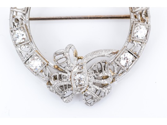 14K White Gold Filigree And Diamond Circle Brooch