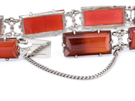Rustic Sterling And Red Agate Set Link Bracelet