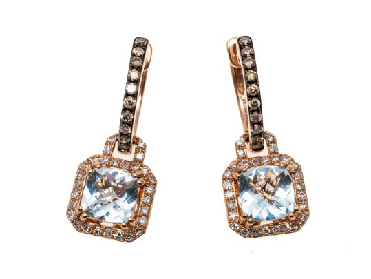 14k Rose Gold Stunning Effy Aquamarine And White Diamond Halo Earrings With Cognac Diamond Tops