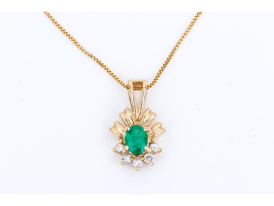 10k Yellow Gold Pretty Emerald, 0.27 CTS, And Diamond Pendant, App. 0.04 TCW, With Chain