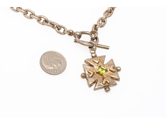 Bold Sterling Cross And Peridot Pendant Necklace