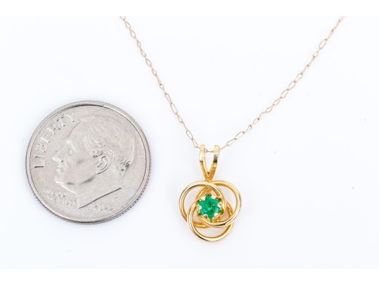 14k Yellow Gold Pretty Simple Emerald Knot Pendant, 0.12 CTS, With Chain