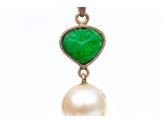 18k Yellow Gold Pretty Green Jadeite Jade And Cultured Pearl Pendant