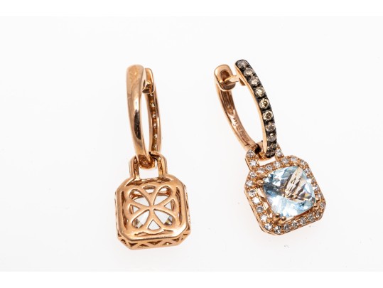 14k Rose Gold Stunning Effy Aquamarine And White Diamond Halo Earrings With Cognac Diamond Tops