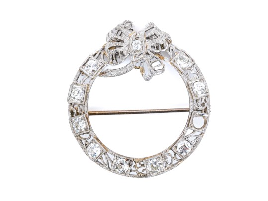 14K White Gold Filigree And Diamond Circle Brooch