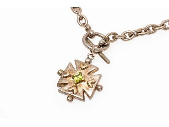 Bold Sterling Cross And Peridot Pendant Necklace