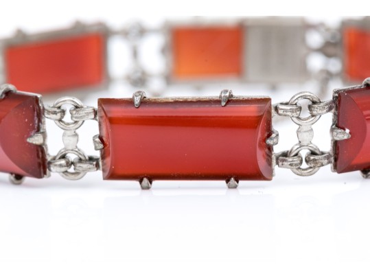 Rustic Sterling And Red Agate Set Link Bracelet