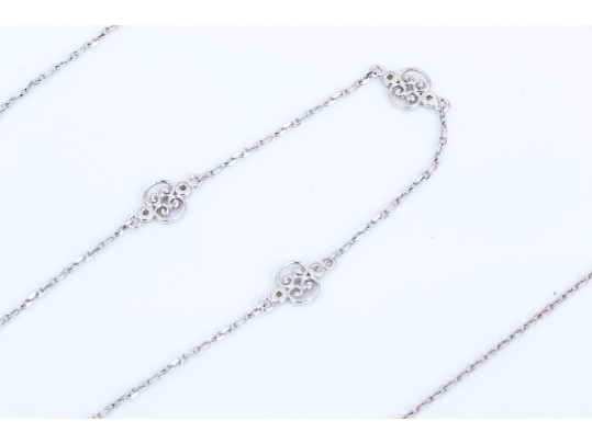 14k White Gold Lovely Opera Length Diamond Set Station Necklace, App. 0.24 TCW