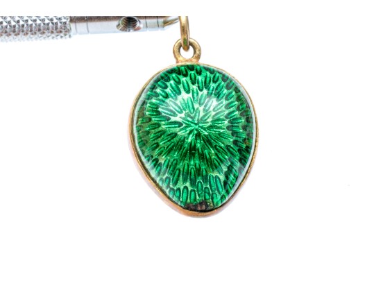 18k Yellow Gold Beautiful Green Enamel Guilloche Enamel Easter Egg Pendant