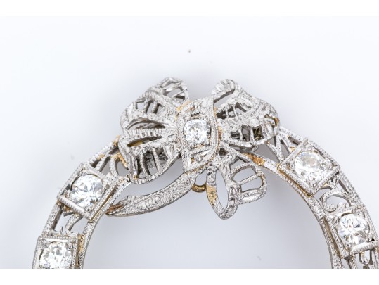 14K White Gold Filigree And Diamond Circle Brooch