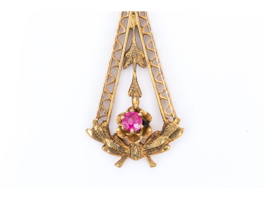10k Yellow Gold Pretty Vintage Ruby Lavaliere Pendant, 0.09 CTS, With Chain