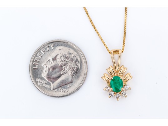 10k Yellow Gold Pretty Emerald, 0.27 CTS, And Diamond Pendant, App. 0.04 TCW, With Chain