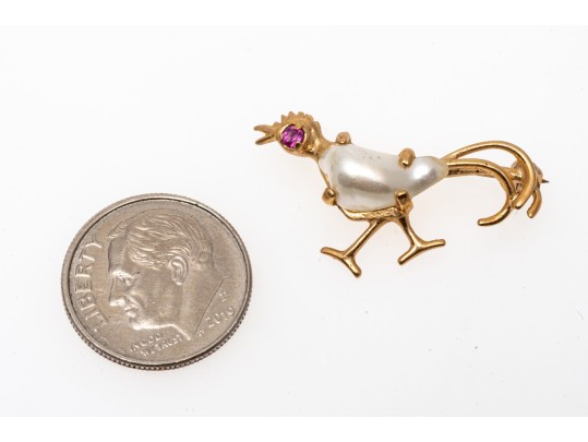 14k Yellow Gold Fun Culture Mabe Pearl And Pink Sapphire Bird Brooch