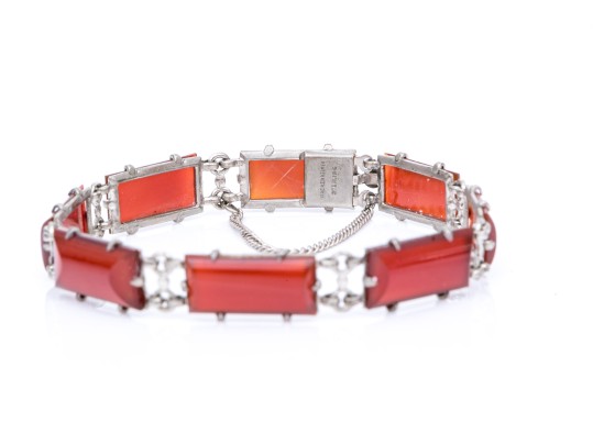 Rustic Sterling And Red Agate Set Link Bracelet