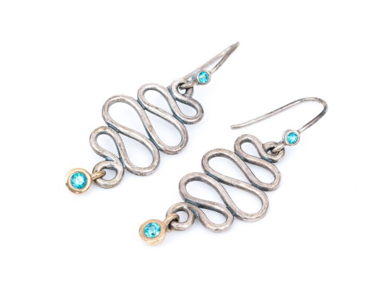 Sterling And 14K Serpentine And Topaz Pendant Earrings