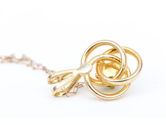 14k Yellow Gold Pretty Simple Emerald Knot Pendant, 0.12 CTS, With Chain