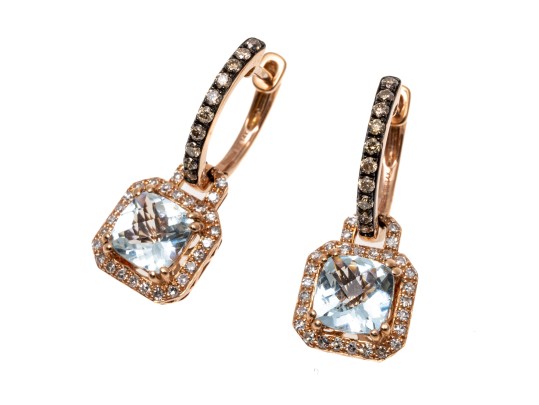 14k Rose Gold Stunning Effy Aquamarine And White Diamond Halo Earrings With Cognac Diamond Tops