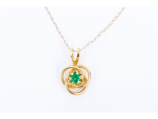 14k Yellow Gold Pretty Simple Emerald Knot Pendant, 0.12 CTS, With Chain