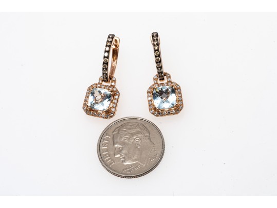 14k Rose Gold Stunning Effy Aquamarine And White Diamond Halo Earrings With Cognac Diamond Tops