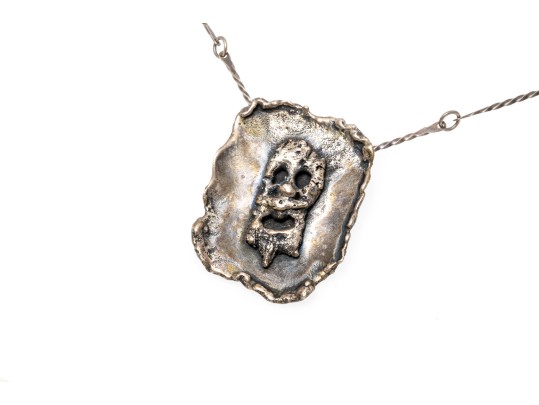 Sterling Brutalist Style Face Pendant Necklace