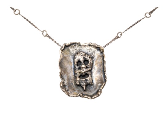 Sterling Brutalist Style Face Pendant Necklace