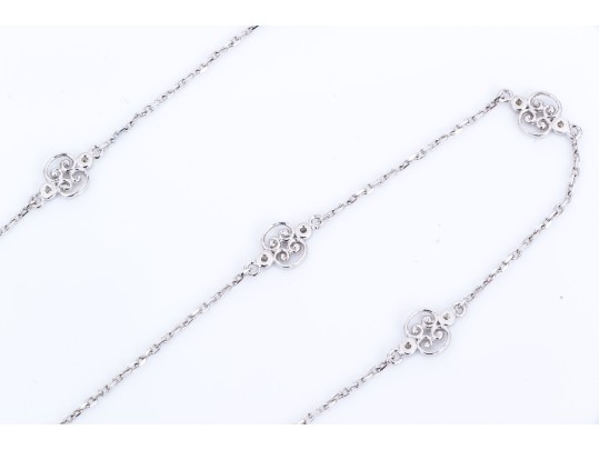 14k White Gold Lovely Opera Length Diamond Set Station Necklace, App. 0.24 TCW
