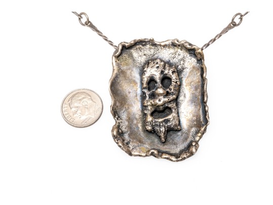 Sterling Brutalist Style Face Pendant Necklace