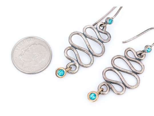 Sterling And 14K Serpentine And Topaz Pendant Earrings