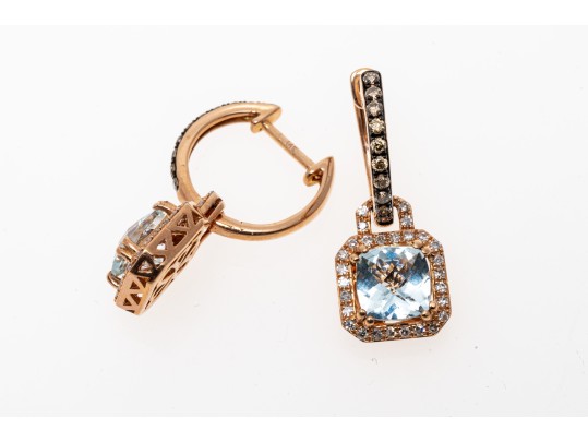 14k Rose Gold Stunning Effy Aquamarine And White Diamond Halo Earrings With Cognac Diamond Tops
