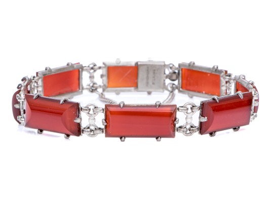 Rustic Sterling And Red Agate Set Link Bracelet