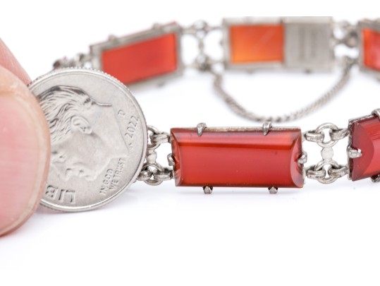 Rustic Sterling And Red Agate Set Link Bracelet
