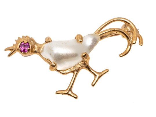 14k Yellow Gold Fun Culture Mabe Pearl And Pink Sapphire Bird Brooch