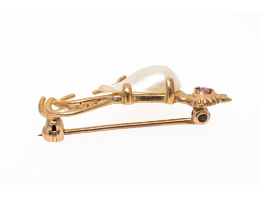 14k Yellow Gold Fun Culture Mabe Pearl And Pink Sapphire Bird Brooch