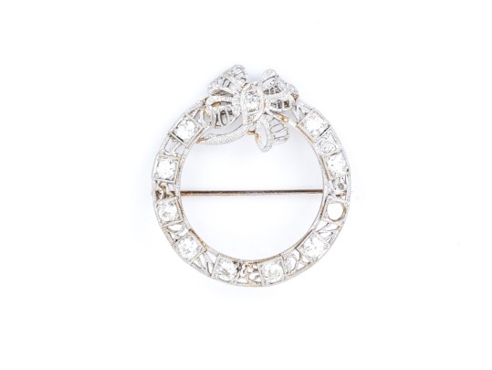 14K White Gold Filigree And Diamond Circle Brooch