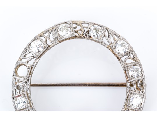 14K White Gold Filigree And Diamond Circle Brooch