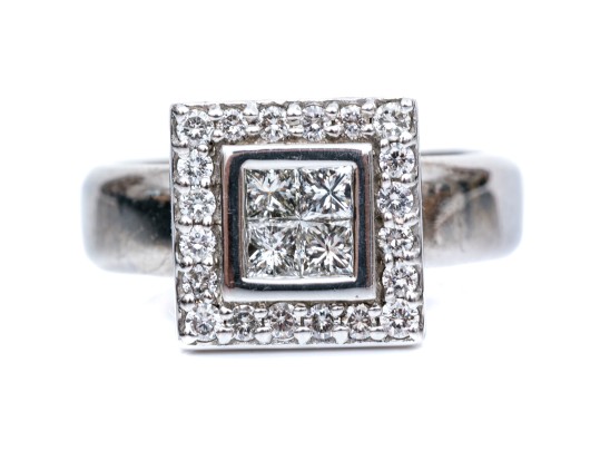 18K Eye-Catching Princess And Brilliant Cut Diamond Ring, Size 7.25