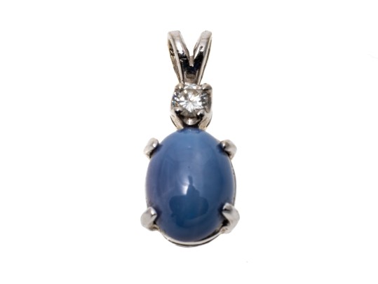 Charming 14K White Gold Star Sapphire And Diamond Pendant