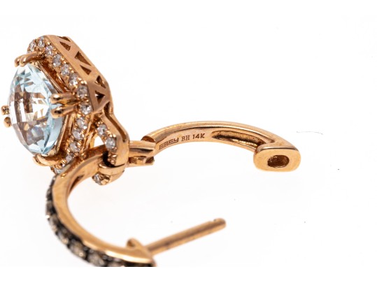 14k Rose Gold Stunning Effy Aquamarine And White Diamond Halo Earrings With Cognac Diamond Tops